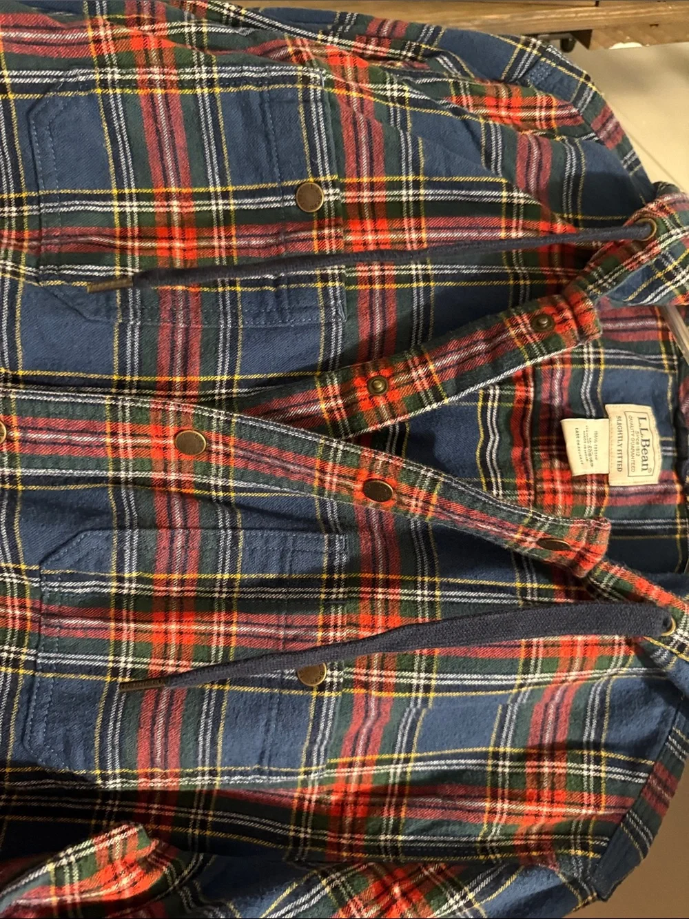 L.L. Bean Blue and Red Plaid Hooded Button-Down Shirt
